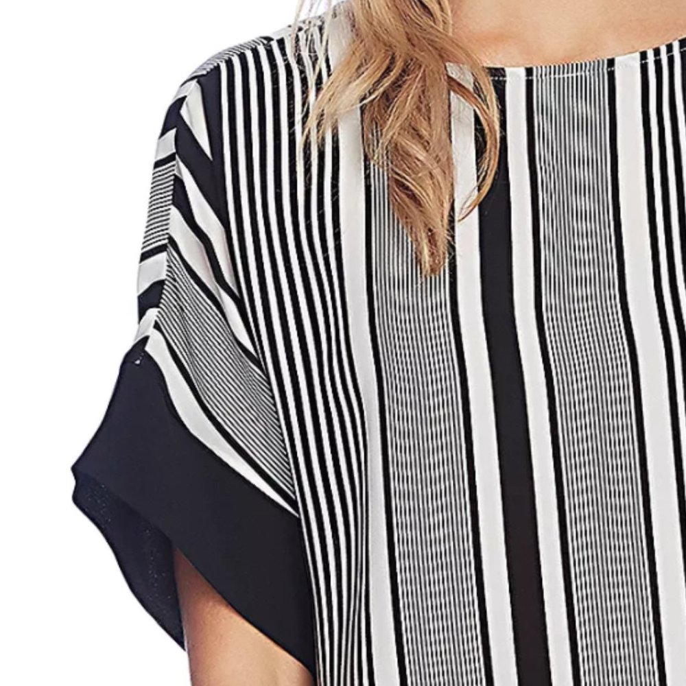 NEW Vince Camuto Women Variegated Vertical Stripes Ruched Kimono Sleeve Tee - Picture 2 of 6
